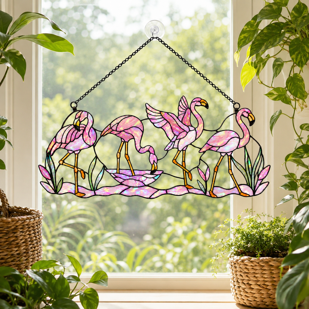 Tropical flamingo holographic acrylic suncatcher with rainbow broken-glass hologram finish, hanging window ornament
