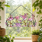 Tropical flamingo holographic acrylic suncatcher with rainbow broken-glass hologram finish, hanging window ornament