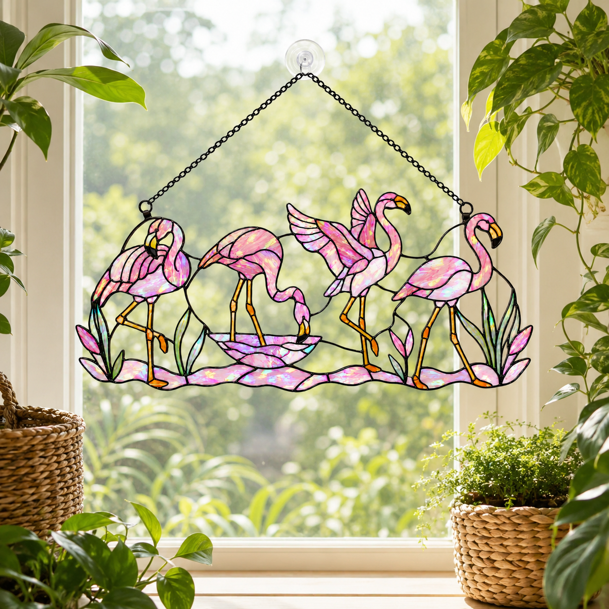 Tropical flamingo holographic acrylic suncatcher with rainbow broken-glass hologram finish, hanging window ornament