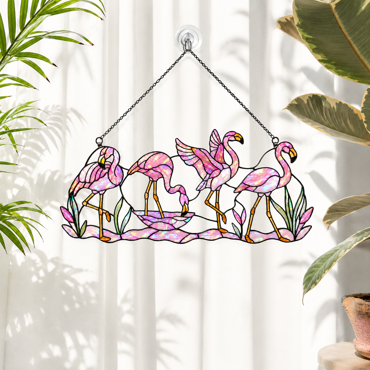 Tropical flamingo acrylic suncatcher available in 6, 8, 10 and 12 inch sizes