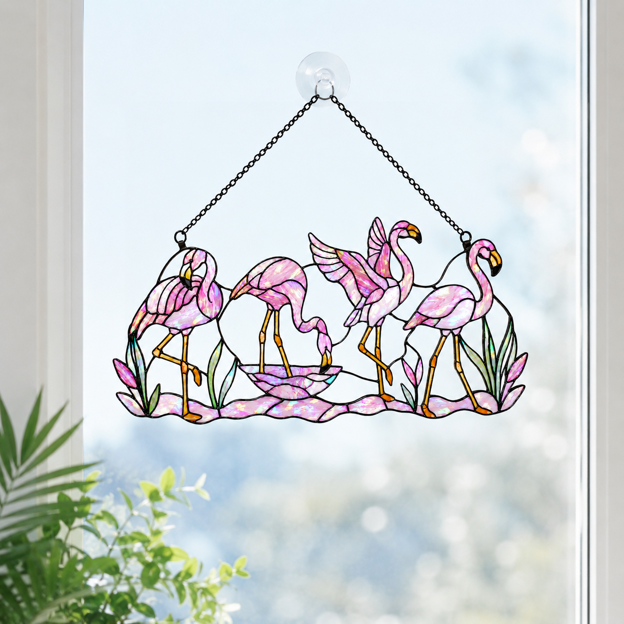 Tropical flamingo holographic suncatcher catching sunlight and casting rainbow reflections in a window