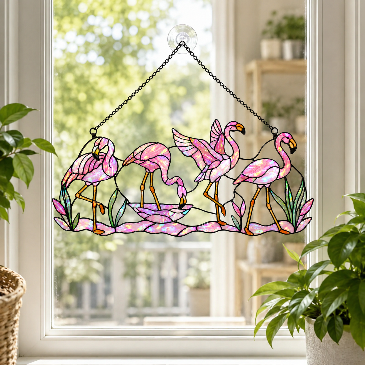 Tropical flamingo holographic suncatcher displayed indoors as a nature-inspired window hanging