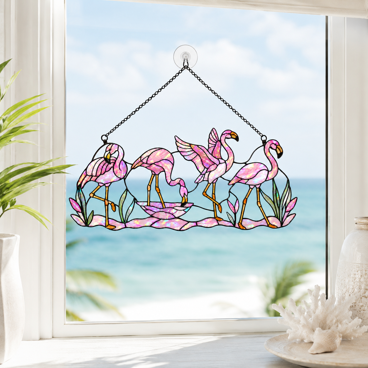 Double-sided tropical flamingo holographic acrylic suncatcher glowing in natural light