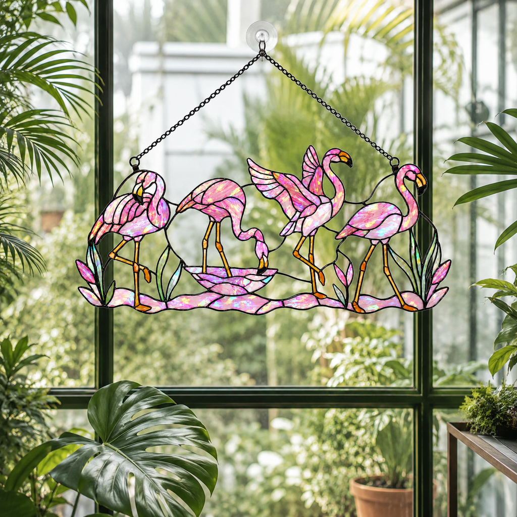 Tropical flamingo acrylic suncatcher hanging in a sunlit window as home decor