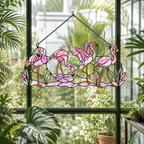 Tropical flamingo acrylic suncatcher hanging in a sunlit window as home decor