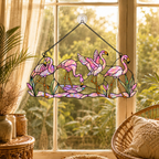 Tropical flamingo holographic suncatcher shown full size, ready to hang with cord