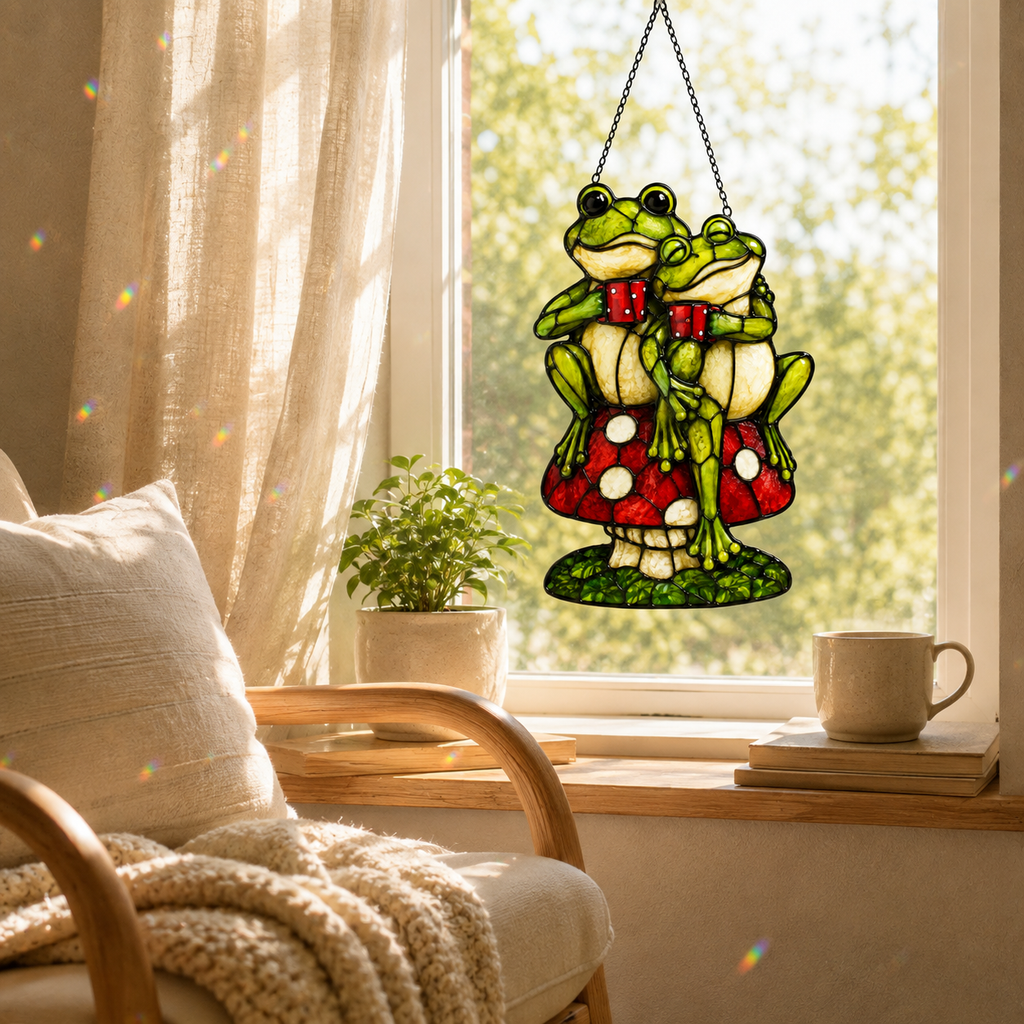 Frog Couple on Mushroom Holographic Acrylic Suncatcher