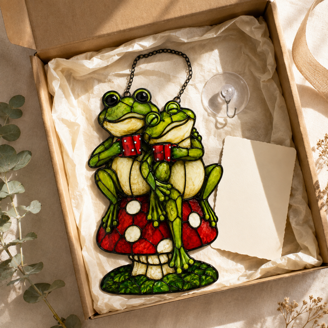 Frog Couple on Mushroom Holographic Acrylic Suncatcher