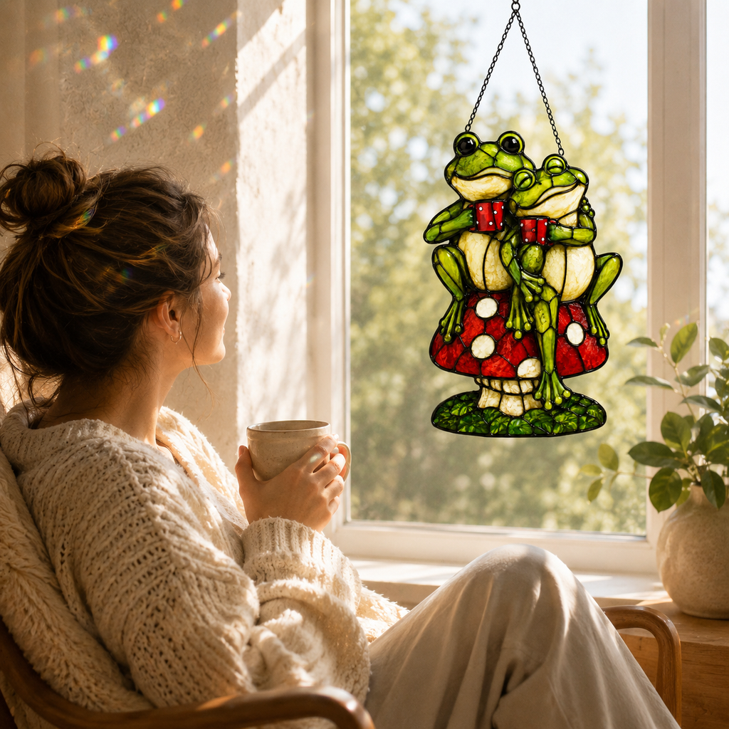 Frog Couple on Mushroom Holographic Acrylic Suncatcher