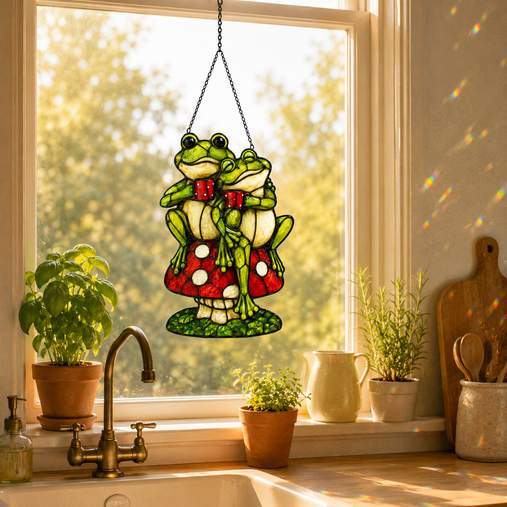 Frog Couple on Mushroom Holographic Acrylic Suncatcher