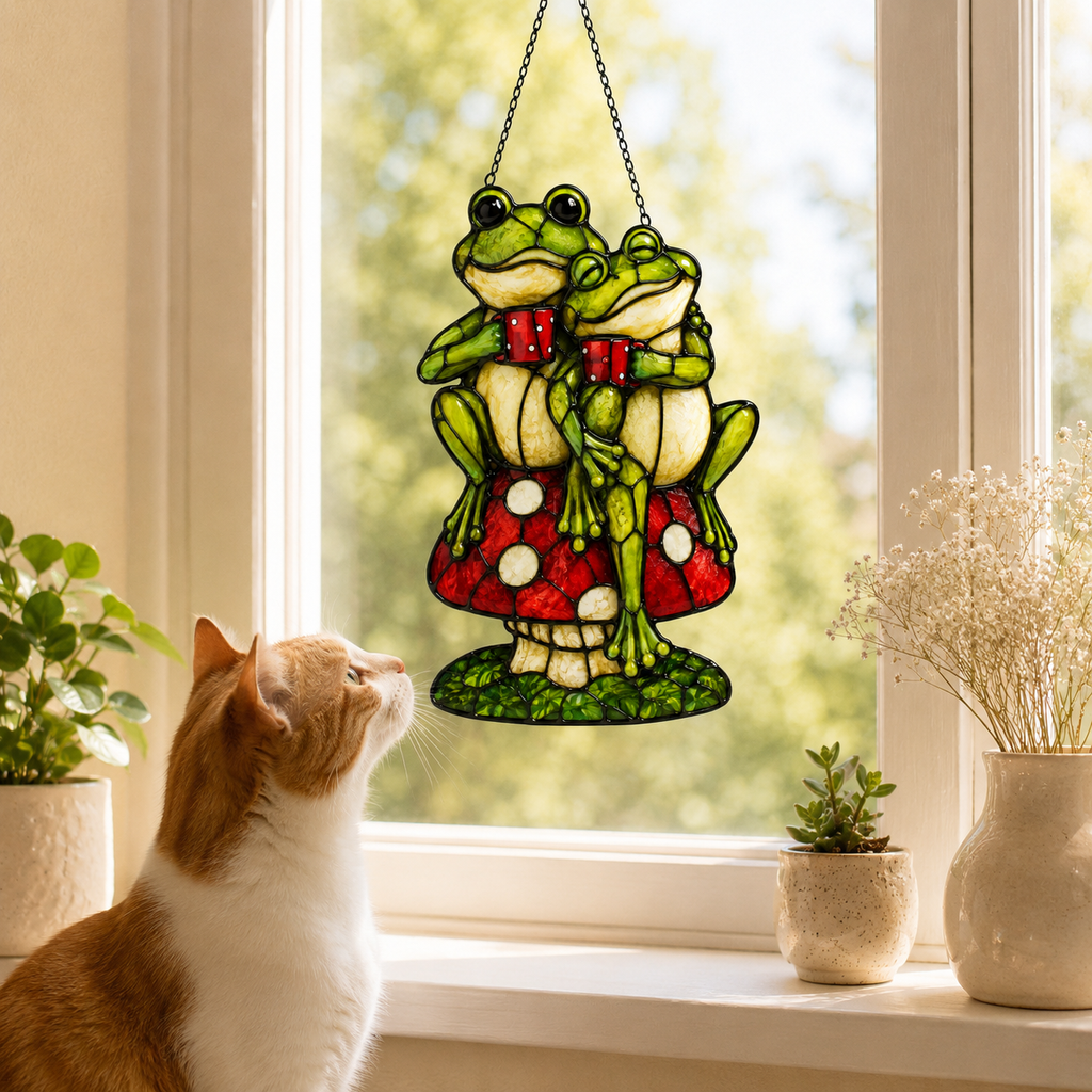 Frog Couple on Mushroom Holographic Acrylic Suncatcher