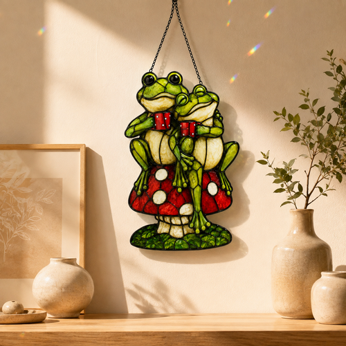 Frog Couple on Mushroom Holographic Acrylic Suncatcher