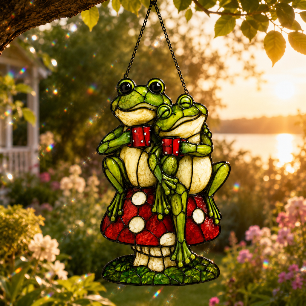 Frog Couple on Mushroom Holographic Acrylic Suncatcher
