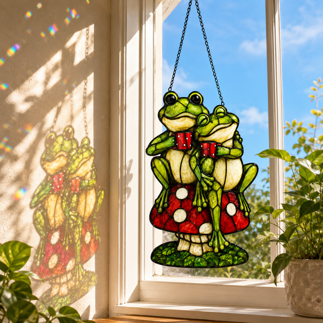 Frog Couple on Mushroom Holographic Acrylic Suncatcher