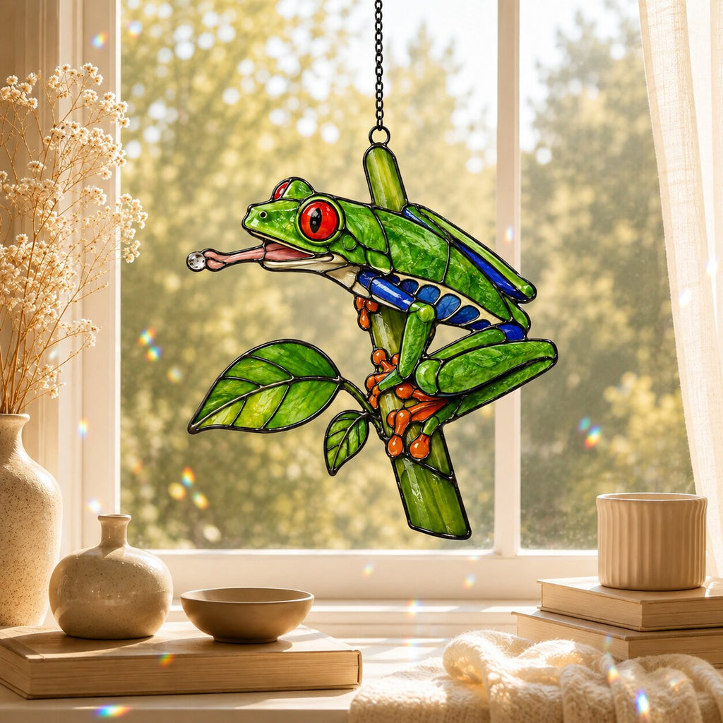 Red-Eyed Tree Frog & Dewdrop Holographic Acrylic Suncatcher