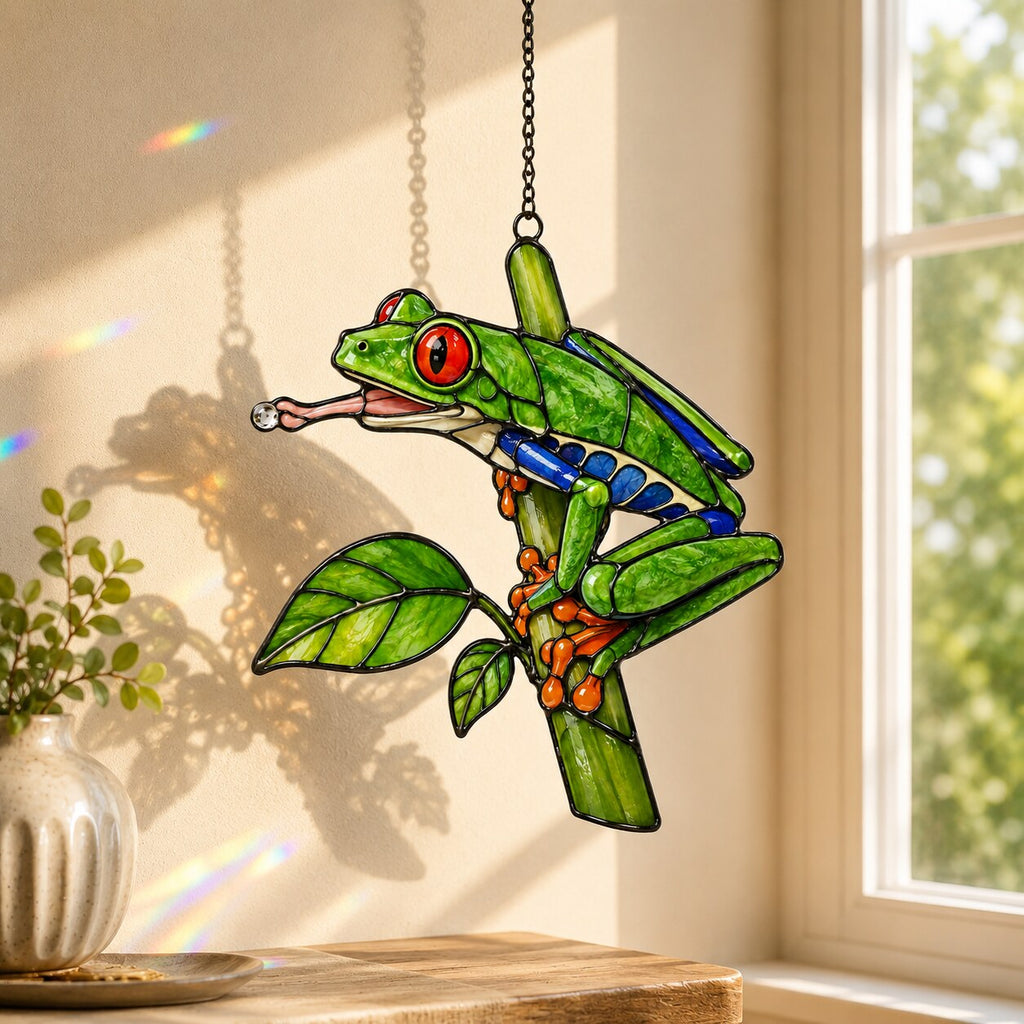 Red-Eyed Tree Frog & Dewdrop Holographic Acrylic Suncatcher