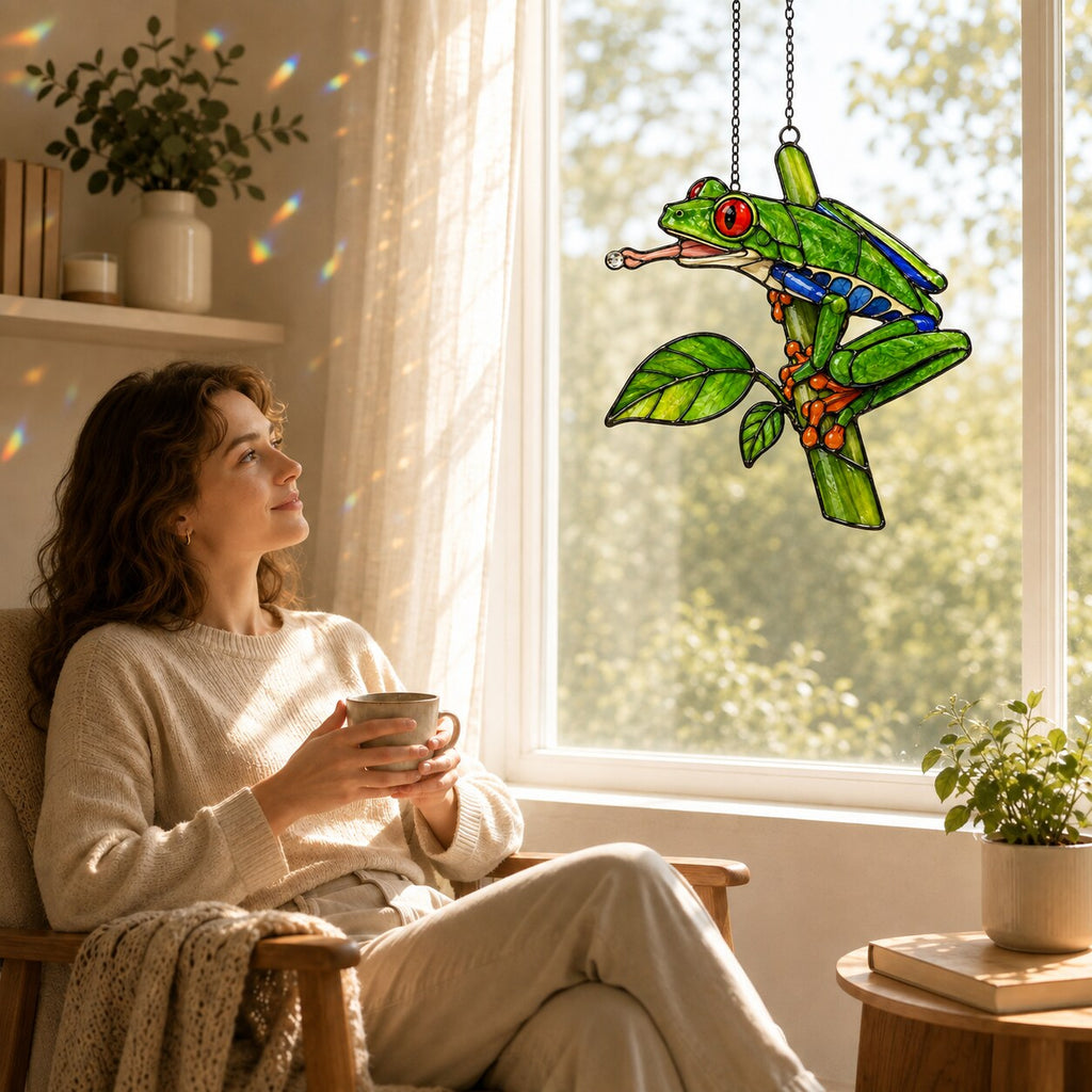 Red-Eyed Tree Frog & Dewdrop Holographic Acrylic Suncatcher