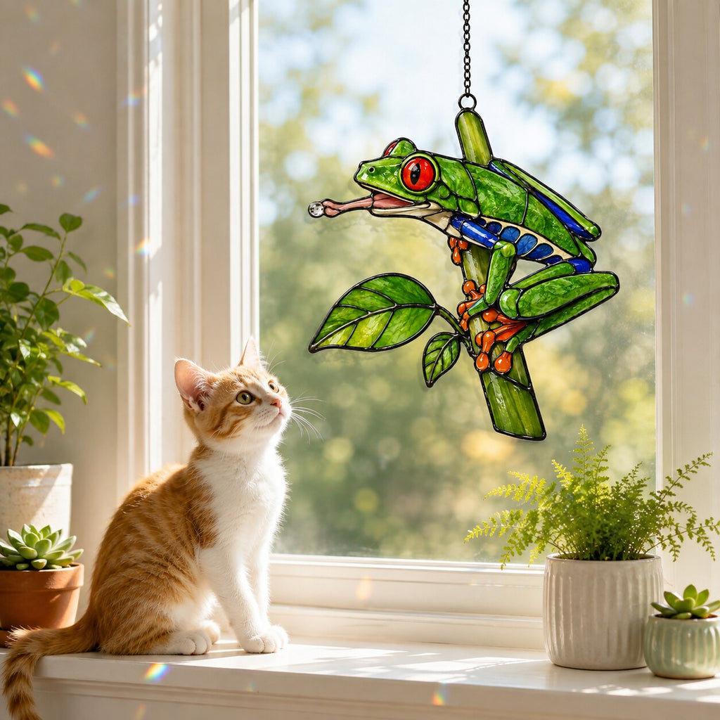 Red-Eyed Tree Frog & Dewdrop Holographic Acrylic Suncatcher