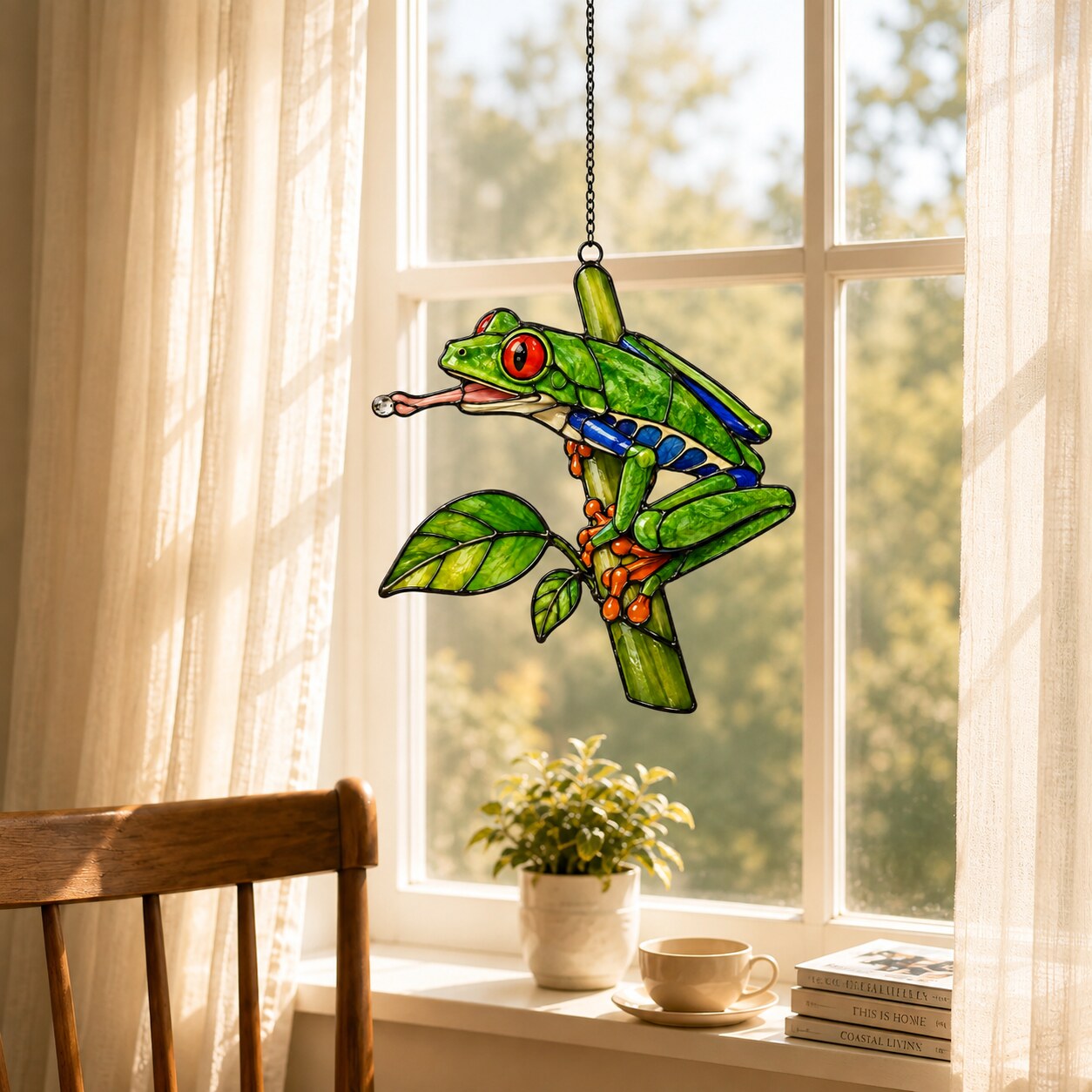 Red-Eyed Tree Frog & Dewdrop Holographic Acrylic Suncatcher