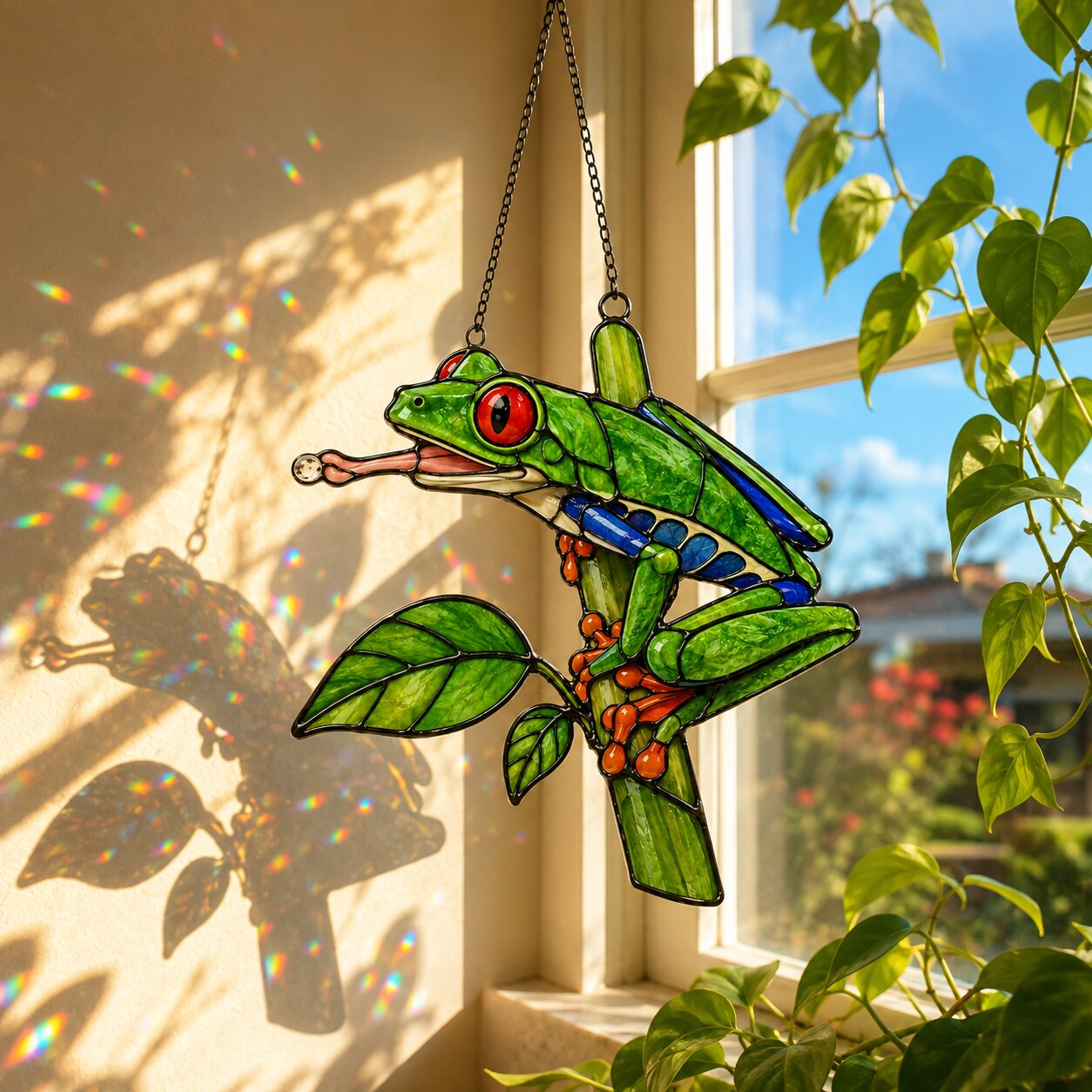 Red-Eyed Tree Frog & Dewdrop Holographic Acrylic Suncatcher