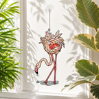 Drinking flamingo holographic acrylic suncatcher reflecting rainbow light across a room