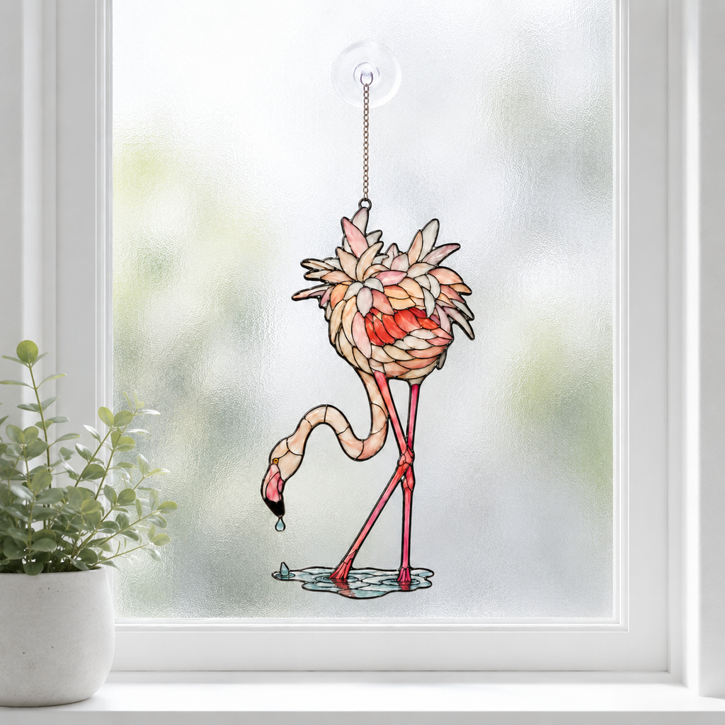 Drinking flamingo holographic suncatcher as a bird and garden lover gift idea