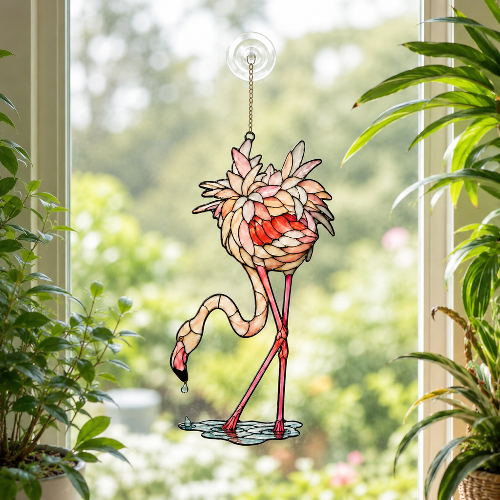 Drinking flamingo holographic acrylic suncatcher with rainbow broken-glass hologram finish, hanging window ornament