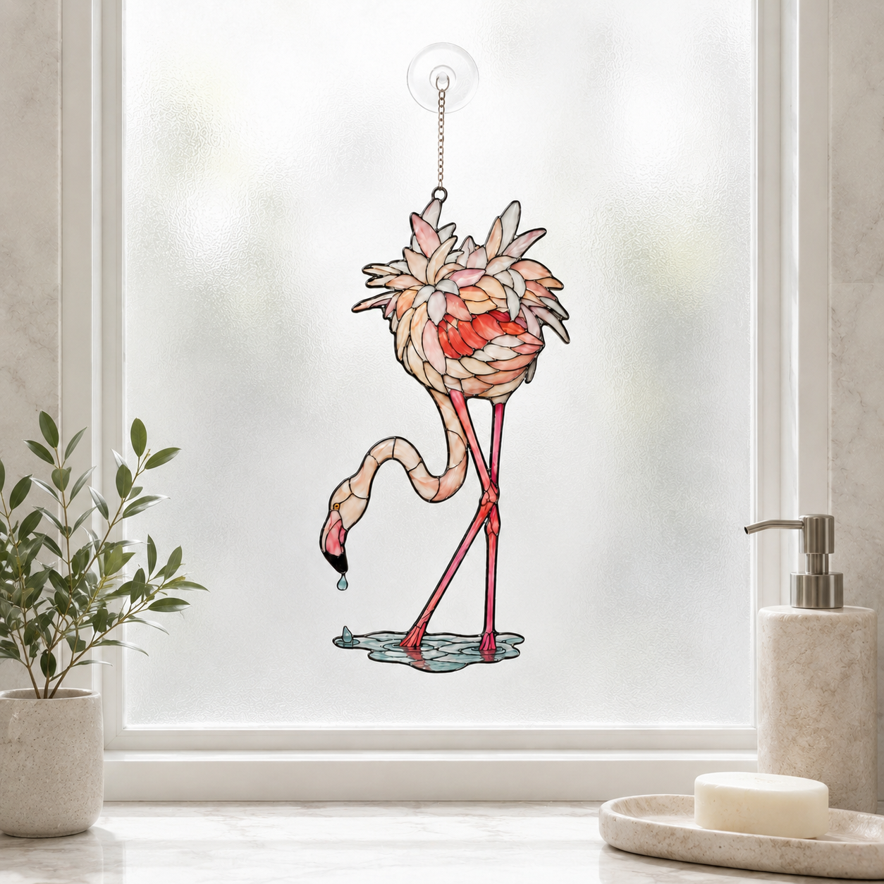Drinking flamingo acrylic suncatcher available in 6, 8, 10 and 12 inch sizes