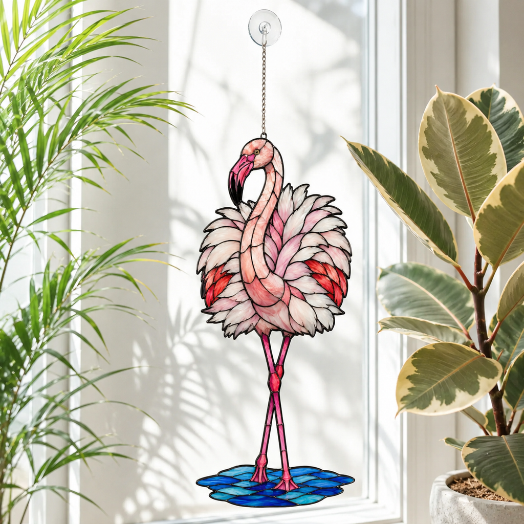 Standing pink flamingo acrylic suncatcher available in 6, 8, 10 and 12 inch sizes