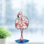 Standing pink flamingo holographic suncatcher displayed indoors as a nature-inspired window hanging