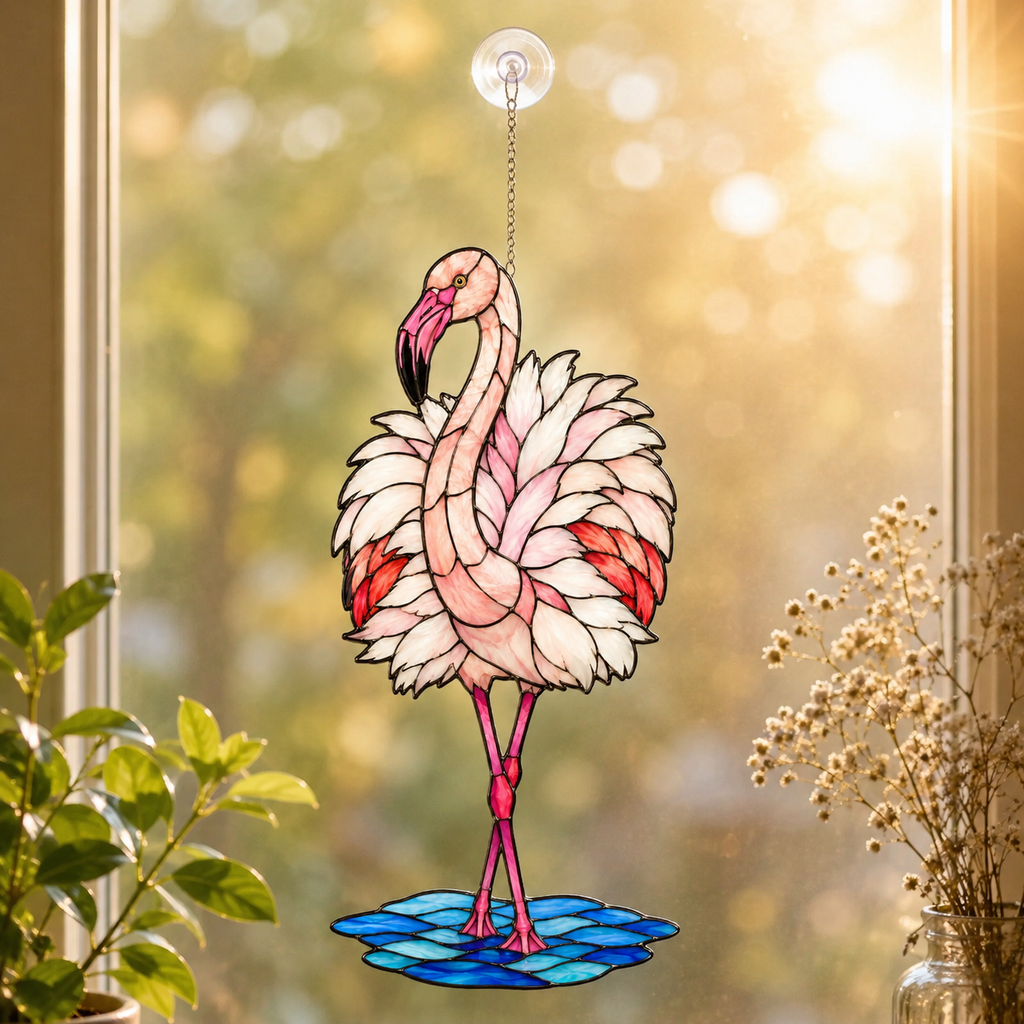 Double-sided standing pink flamingo holographic acrylic suncatcher glowing in natural light