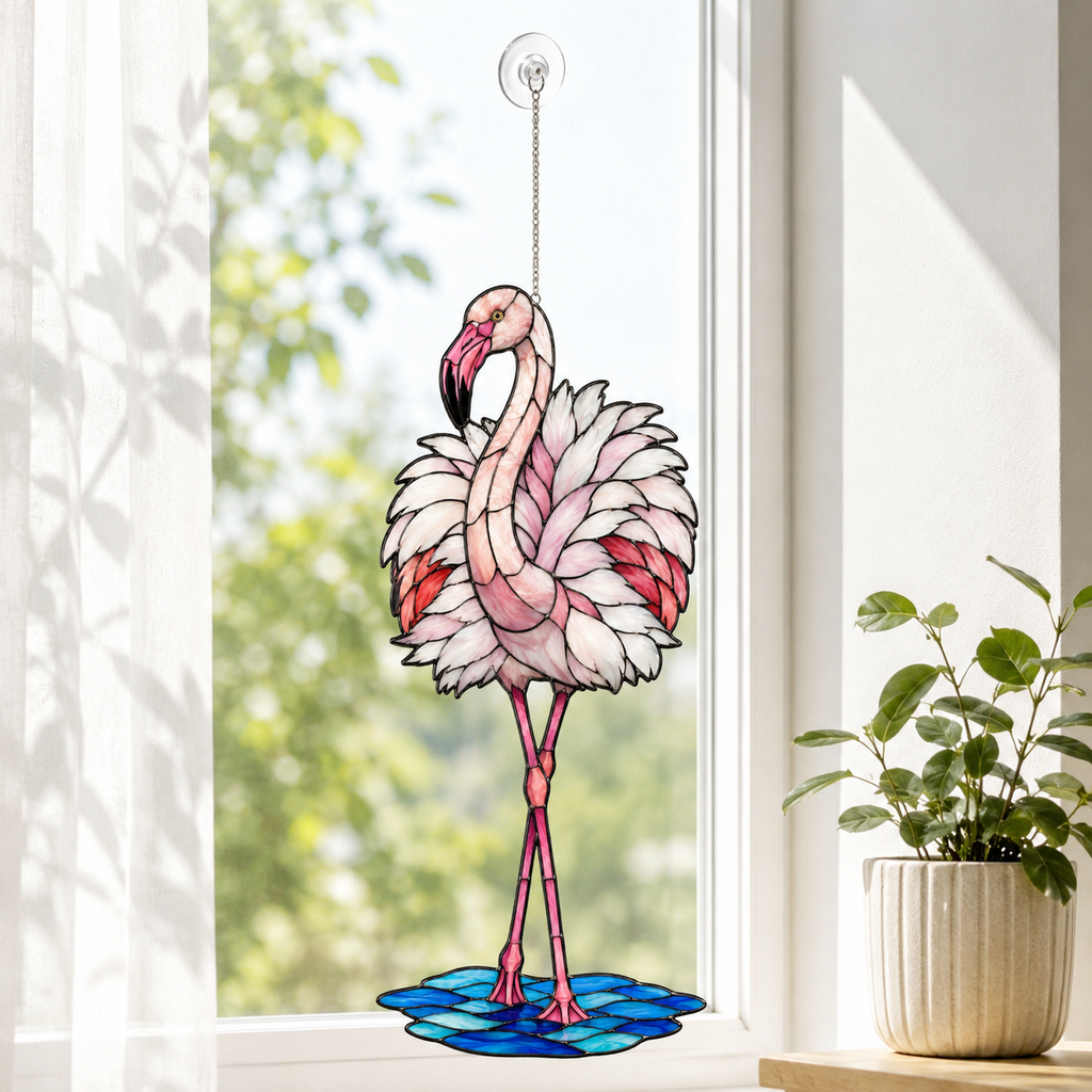 Standing pink flamingo holographic suncatcher shown full size, ready to hang with cord