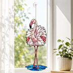 Standing pink flamingo holographic suncatcher shown full size, ready to hang with cord