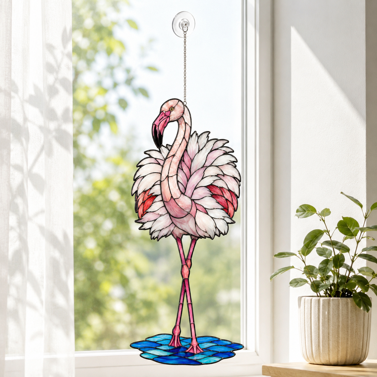 Standing pink flamingo holographic suncatcher shown full size, ready to hang with cord