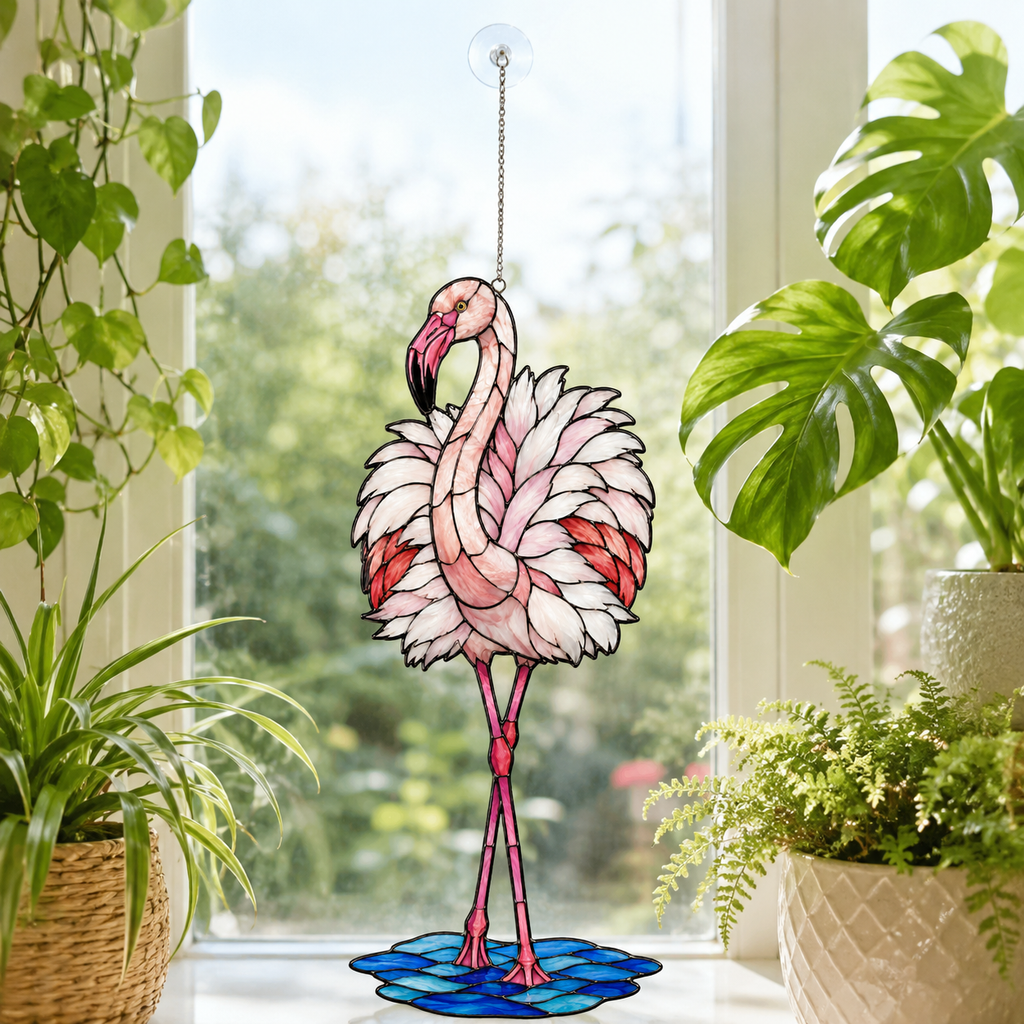 Standing pink flamingo acrylic suncatcher hanging in a sunlit window as home decor