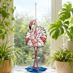 Standing pink flamingo acrylic suncatcher hanging in a sunlit window as home decor