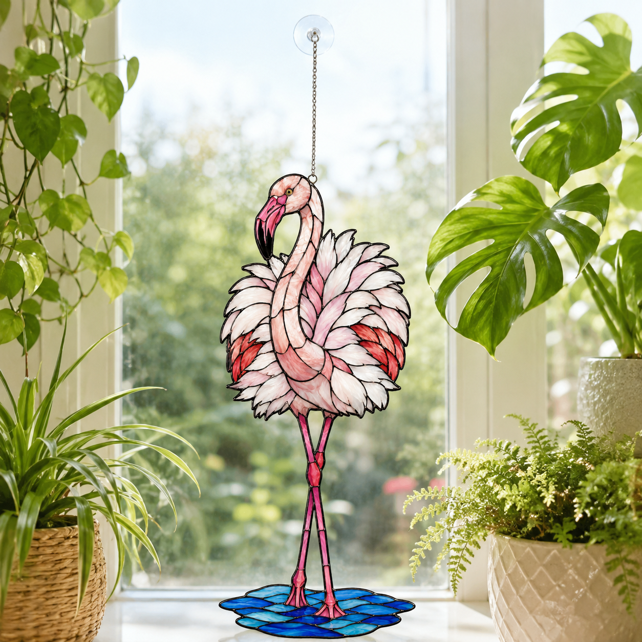 Standing pink flamingo acrylic suncatcher hanging in a sunlit window as home decor