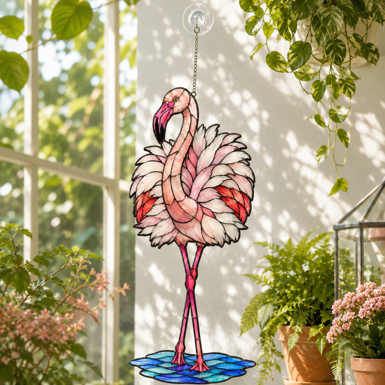 Standing pink flamingo holographic suncatcher catching sunlight and casting rainbow reflections in a window