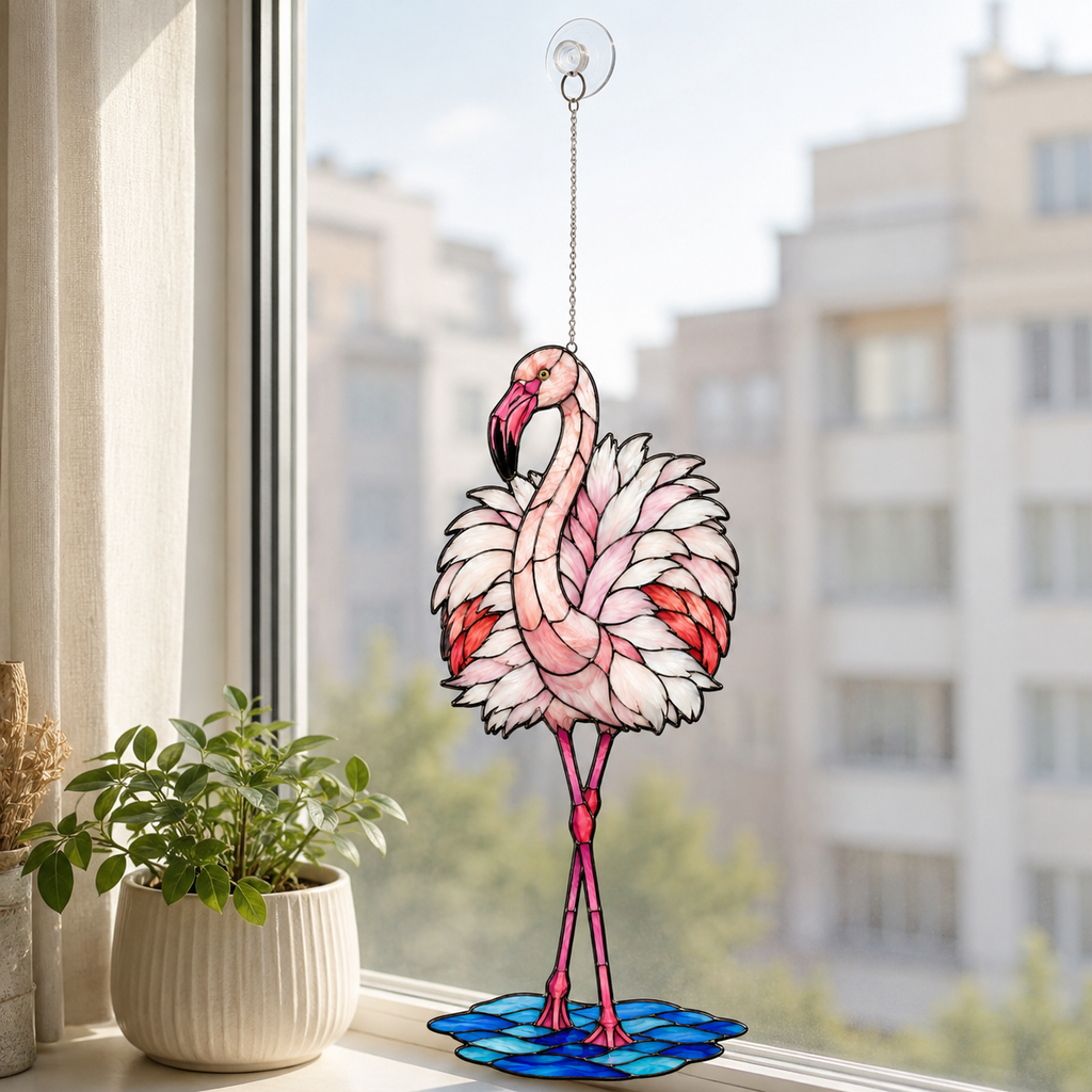 Close-up detail of the standing pink flamingo holographic acrylic suncatcher's wavy acrylic and hologram texture