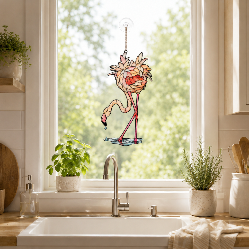 Drinking flamingo holographic suncatcher displayed indoors as a nature-inspired window hanging