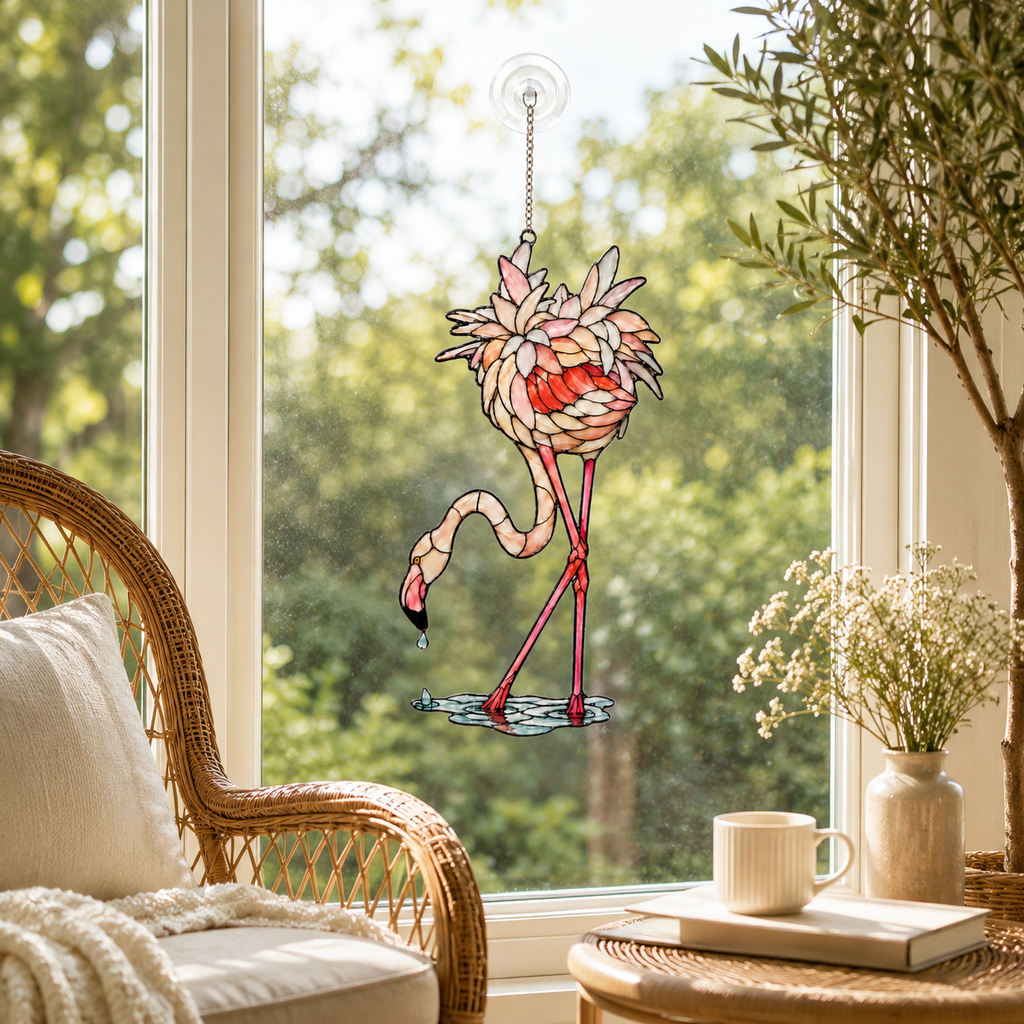 Double-sided drinking flamingo holographic acrylic suncatcher glowing in natural light
