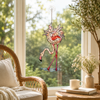 Double-sided drinking flamingo holographic acrylic suncatcher glowing in natural light