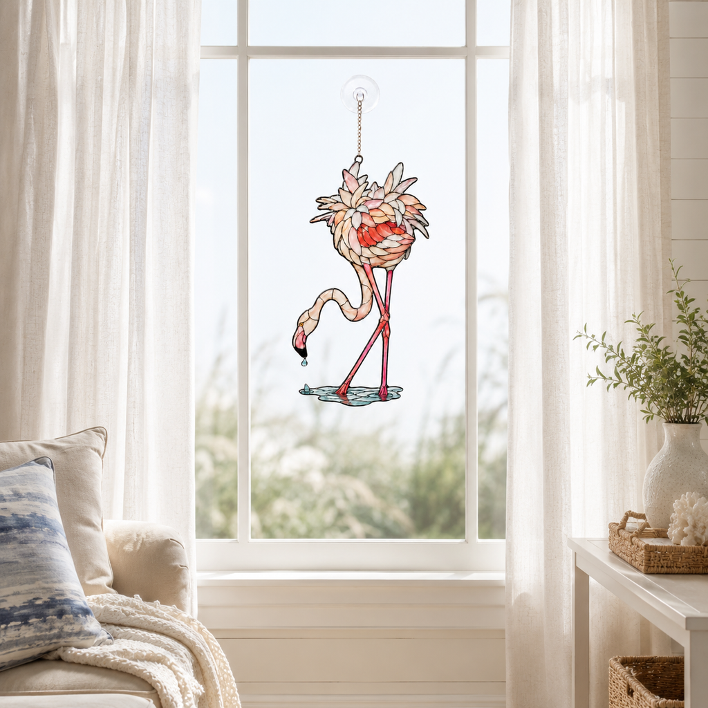 Drinking flamingo holographic suncatcher shown full size, ready to hang with cord