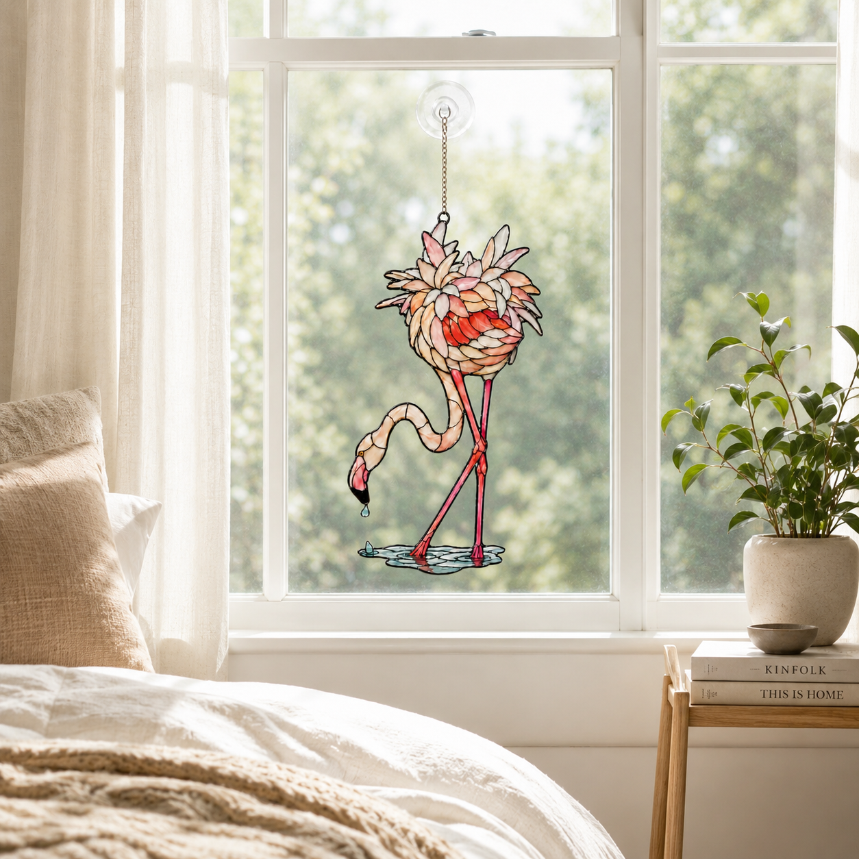 Drinking flamingo acrylic suncatcher hanging in a sunlit window as home decor