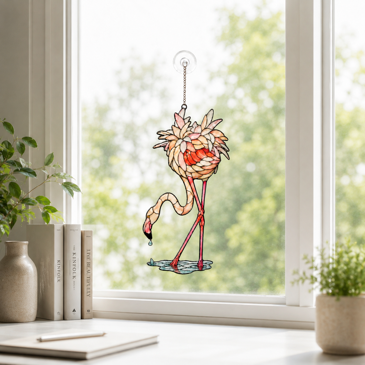 Close-up detail of the drinking flamingo holographic acrylic suncatcher's wavy acrylic and hologram texture