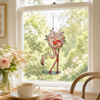 Drinking flamingo holographic suncatcher catching sunlight and casting rainbow reflections in a window
