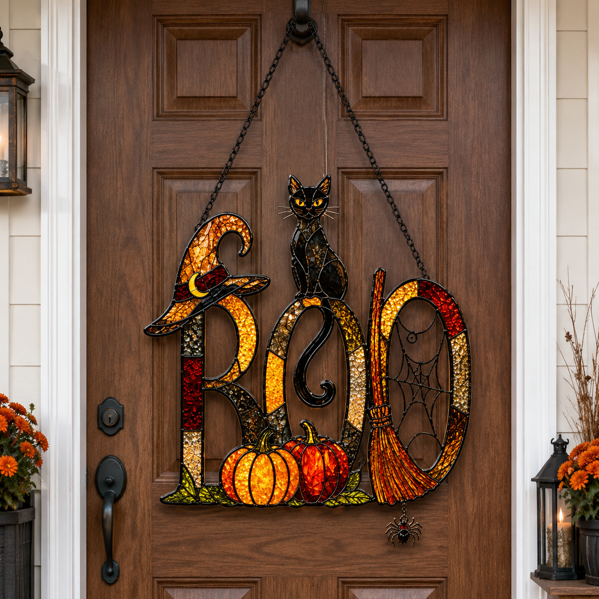 BOO Sign with Black Cat, Broom & Pumpkins Holographic Acrylic Suncatcher