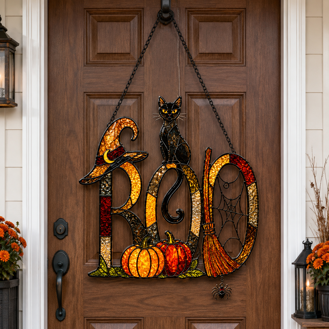 BOO Sign with Black Cat, Broom & Pumpkins Holographic Acrylic Suncatcher