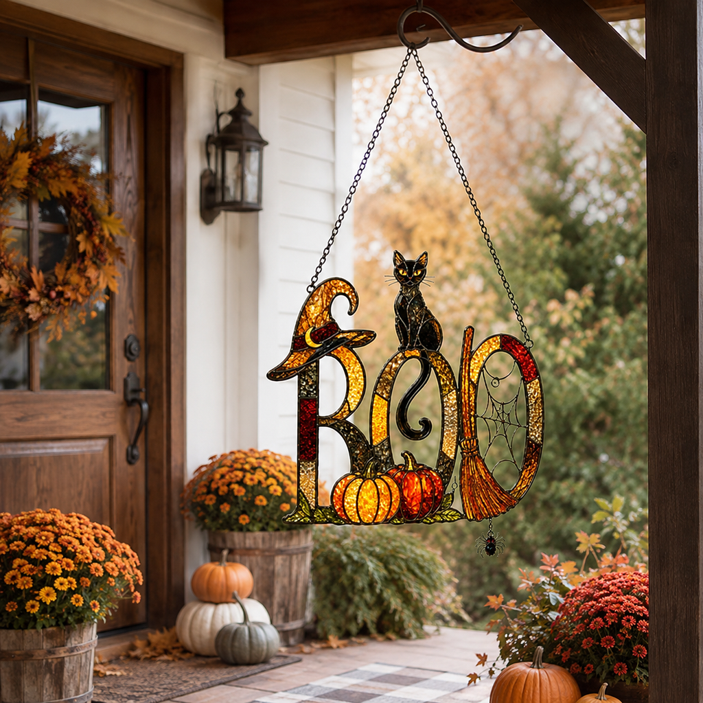 BOO Sign with Black Cat, Broom & Pumpkins Holographic Acrylic Suncatcher