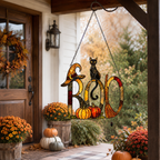BOO Sign with Black Cat, Broom & Pumpkins Holographic Acrylic Suncatcher